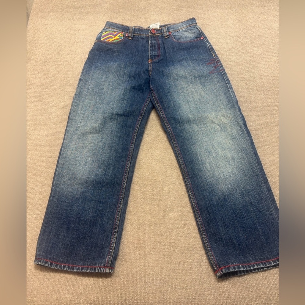 COOGI Wide Leg Jeans 32” Waist Embroidered Graphic Pocket Denim Y2K 0666